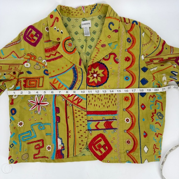 Chico's Green Boho Artsy Embroidered Studded Cropped Jacket Size 2 L - Picture 8 of 13